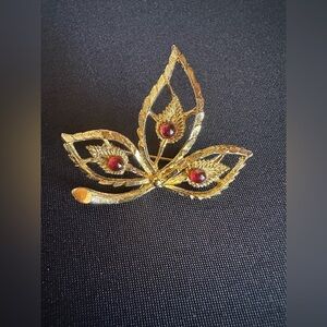 Vintage red glass cabochons leaf brooch